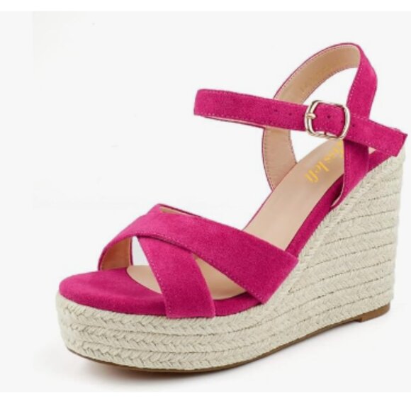 miss left Fuchsia Platform Round Toe Cross Strappy Espadrille Wedge Heel Sandal - Picture 1 of 8